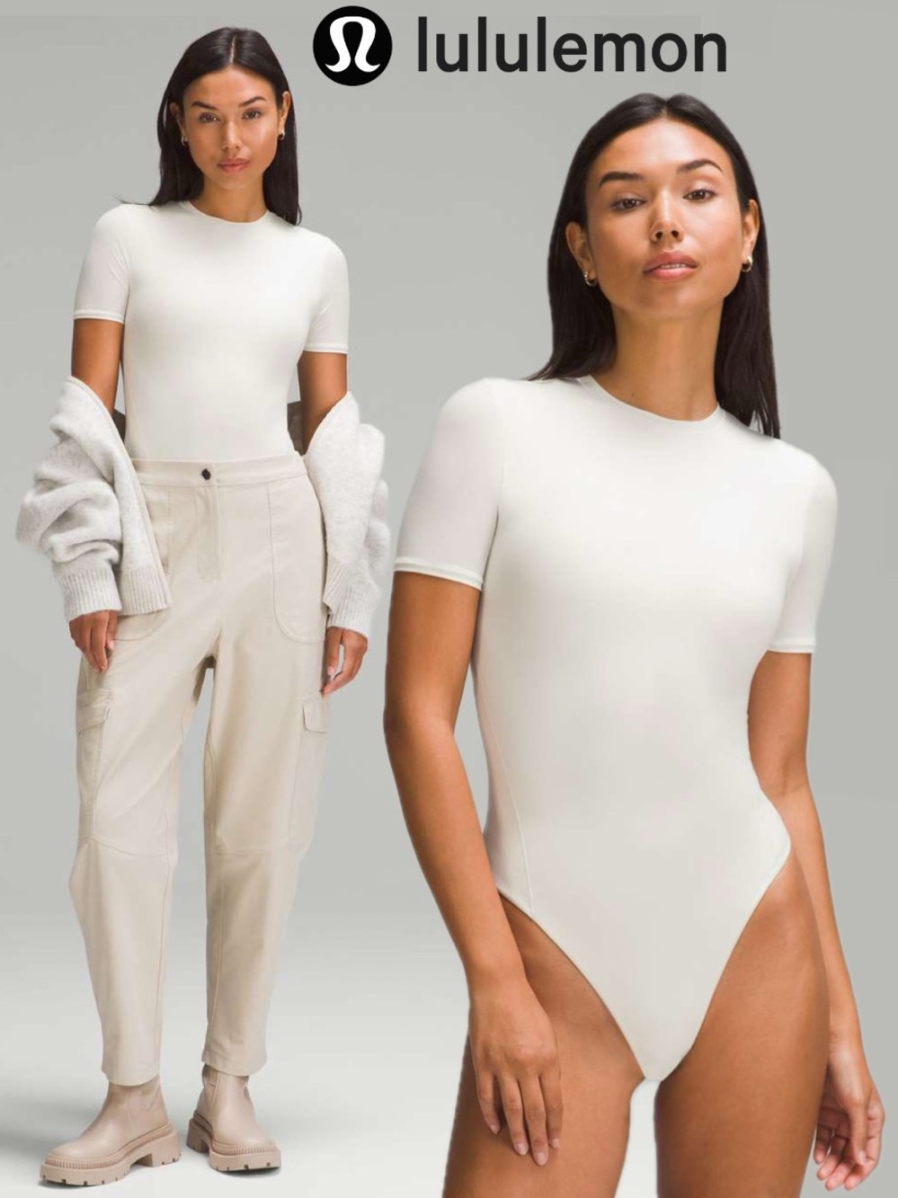 LULULEMON Wundermost Ultra-Soft Nulu Short-Sleeve Crew Thong Bodysuit in Bone S